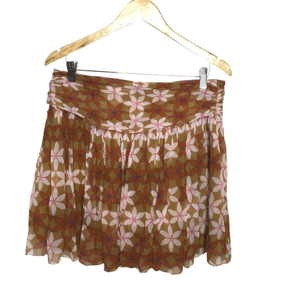 GUAPA Ruched Waist Geo Earthtone Floral Chiffon Mini Skirt M Boho Layered Lined